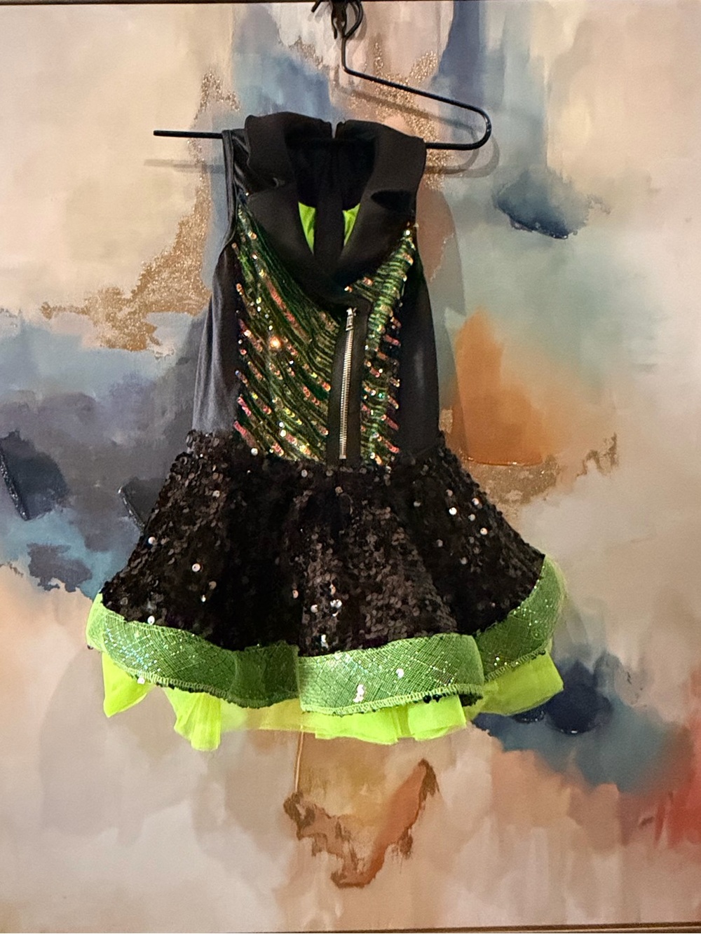 Weissman Black and Neon Green Sequin Dance Costume Dress - Size: Medium Child